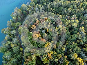Fall foliage and river aerial view