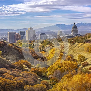 Fall foliage and view of downtown Salt Lake City
