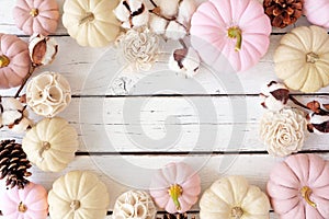 Fall frame of dusty rose and white pumpkins, and white and brown natural decor over a white wood background