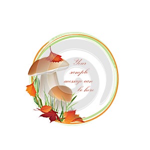 Fall frame with leaves and mushroom isolated on white background.