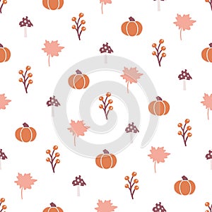Fall Geometric Pumpkins, Leaves, Mushrooms, and Berries Seamless Pattern Background