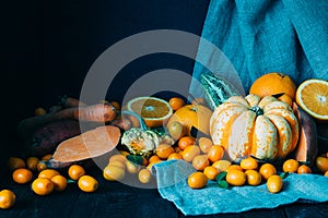 Fall Harvest on the Dark Wooden Table, Beautiful Autumn Background using for Wallpaper