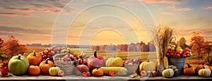 the fall harvest, with a focus on a basket of pumpkins, apples, and corn set against a backdrop of fields, trees