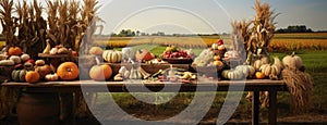 the fall harvest, with a focus on a basket of pumpkins, apples, and corn set against a backdrop of fields, trees
