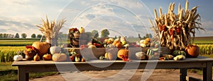 the fall harvest, with a focus on a basket of pumpkins, apples, and corn set against a backdrop of fields, trees