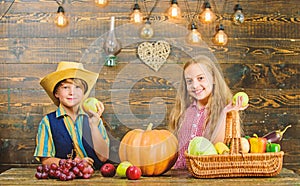 Fall harvest holiday. Elementary school fall festival idea. Celebrate harvest festival. Kids girl boy fresh vegetables