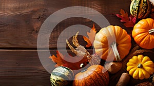 Fall Harvest: Pumpkins, Gourds, and Decor on Rustic Wood Background. created with Generative AI