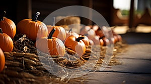 Fall harvest pumpkins and hay decorating the country barn scene - generative AI