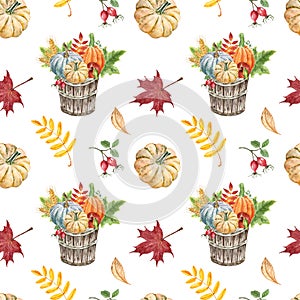 Autumn seasonal vegetables and fruits seamless pattern. Watercolor harvest basket with pumpkins on white background.