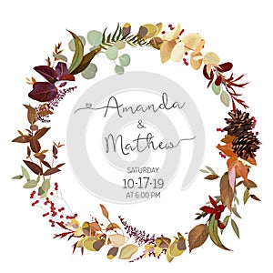 Fall herbs selection vector design round invitation frame.