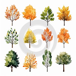 Fall inspired trees with green, orange, and red leaves in an array of shapes and sizes together.