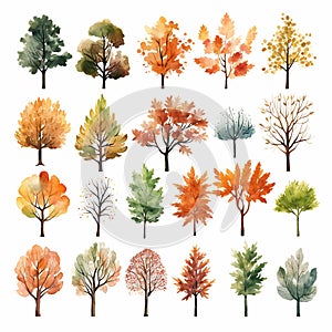 Fall inspired trees with green, orange, and red leaves in an array of shapes and sizes together.