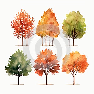 Fall inspired trees with green, orange, and red leaves in an array of shapes and sizes together.
