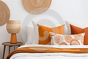 fall interior pillow home orange design bed decor modern lamp indoor. Generative AI.