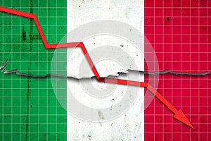 Fall of the Italy Economy. Recession graph with a red arrow on the Italy flag. Economic decline. Decline in the economy of stock