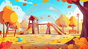 Fall kindergarten outdoor equipment for playtime with sandbox, ball, seesaw, swing and slide. Kids play in autumn