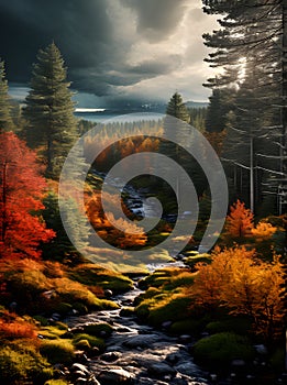 Fall Landscape coniferous 3D shadows pastel storm