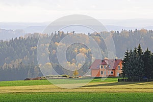 Fall landscape with lonely house