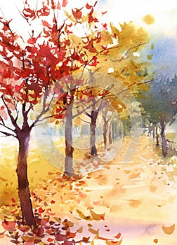 Fall Landscape with Trees and Fallen Leaves Watercolor Nature Illustration Hand Painted