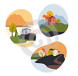 Fall landscapes vector set,. House by the sea.