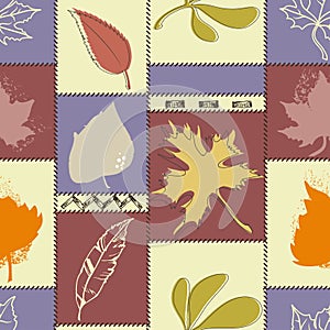 Fall leaf seamless pattern over square color blocks