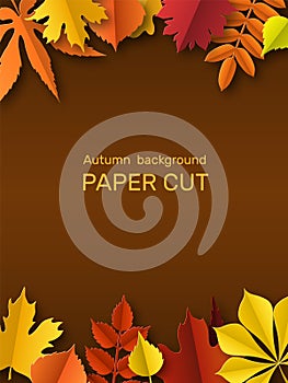 Fall leaves banner. Autumn border, paper cut frame yellow and red leaf. Thanksgiving gold foliage decoration. Seasonal