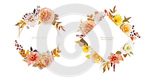 Fall leaves flowers wreath frame set. Autumn wedding invite, Thanksgiving greeting card design. Watercolor vector floral bouquet.