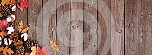 Fall leaves and natural decor. Corner border over a dark wood banner background.