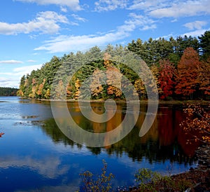 Fall leaves on a peninsula reflected in a lake