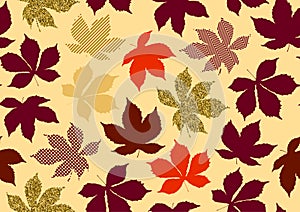 Fall leaves seamless pattern with gold glitter texture. Vector illustration for stylish background, textile, wrapping paper design