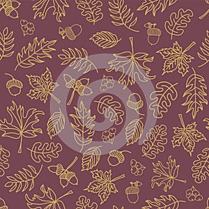 Fall leaves seamless vector background. Beige green leaves on a purple background. Acorns, oak tree, maple tree pattern. Doodle