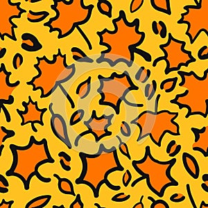Fall Leopard or jaguar seamless pattern made of maple leaves. Trendy animal print with autumn colors. Vector background