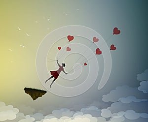 Fall in love concept, boy silhouette holds the red heart shaped balloons and flying away, dreamer concept, shadow story photo