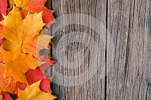 Fall maple leaf on wooden table, background texture
