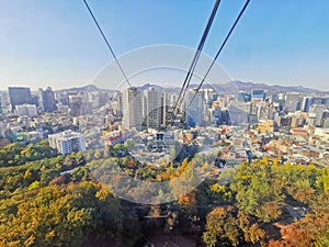 Fall maple leaves foliage Autumn with city apartments scene and cable car tower in Seoul, South Korea