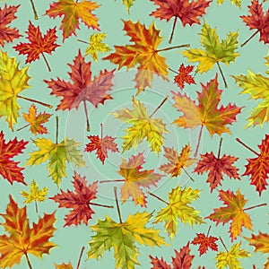 Fall Maple Leaves Seamless Pattern on Mint Background.