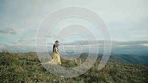 Fall on Max Patch Mountain Appalachian Mountains, Tennessee & North Carolina, young couple, woman in yellow dress
