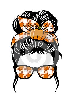 Autumn Messy bun with pumpkin , Girl with messy bun and glasses, Buffalo plaid bandana photo