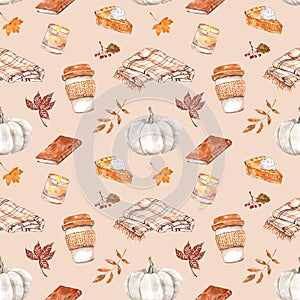 Fall mood seamless pattern. Pumpkin spice latte coffee in a cup,blanket, candle, white pumpkin, leaves on beige background