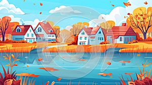 Fall nature panorama with cottages on lake shore, trees with orange leaves, grass in fall, modern illustration of