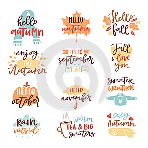 Fall nature season vintage hand drawn lettering stickers with text autumn and floral elements phrases vector