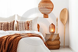 fall orange interior design bed lamp home modern decor wooden pillow. Generative AI.