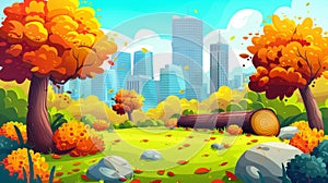 A fall park landscape with orange grass, logs, stones, and a modern city skyline. A fall landscape with bushes, trees