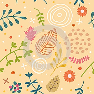 Fall pattern, autumn floral leaf flower and abstract doodle elements. Cute nordic print, vintage line branch, forest