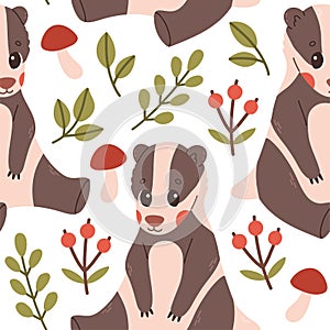Fall pattern with badger. Seamless woodland pattern with leaves and cute forest animal on white background