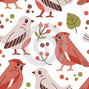 Fall pattern with birds. Seamless woodland pattern with leaves and cute forest animal on white background