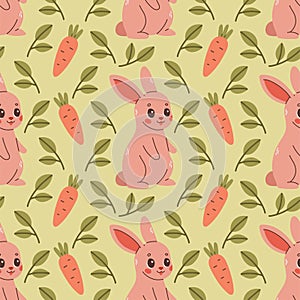 Fall pattern with rabbit. Seamless woodland pattern with leaves and cute forest animal on green background