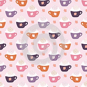 Fall Pink Pumpkin Spice Latte and Maple Leaves Seamless Pattern Background