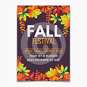 Fall Festival flyer or poster template. Bright autumn leaves on dark background photo