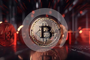 The fall in the price of bitcoin against the background of a red abstract virtual background. The collapse of the